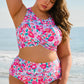 Rose Floral Print Twisted High Waist Bikini Set