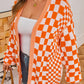 Orange Checkered Bubble Sleeve Drop Shoulder Open Cardigan