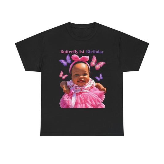 Baby 1st Birthday Tee — Pink Butterfly Photo Shirt