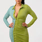 Two-Tone Ruched Button-Up Mini Dress