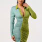 Two-Tone Ruched Button-Up Mini Dress