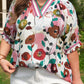 Pink V Neck Short Puff Sleeve Floral Blouse