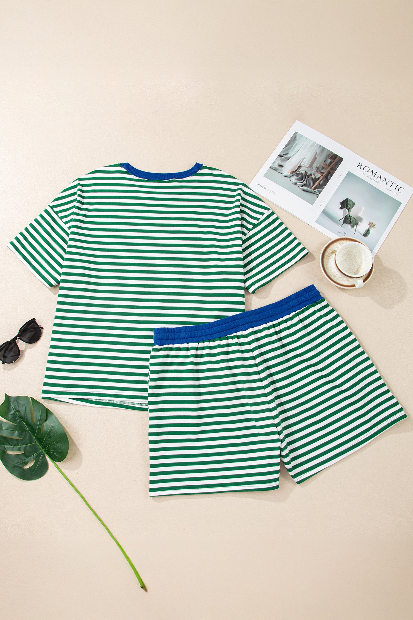 Green Stripe Boxy Tee Drawstring Elastic Waist Short Set