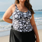 Black Printed Square Neck Drawstring Ruffled Tankini Set