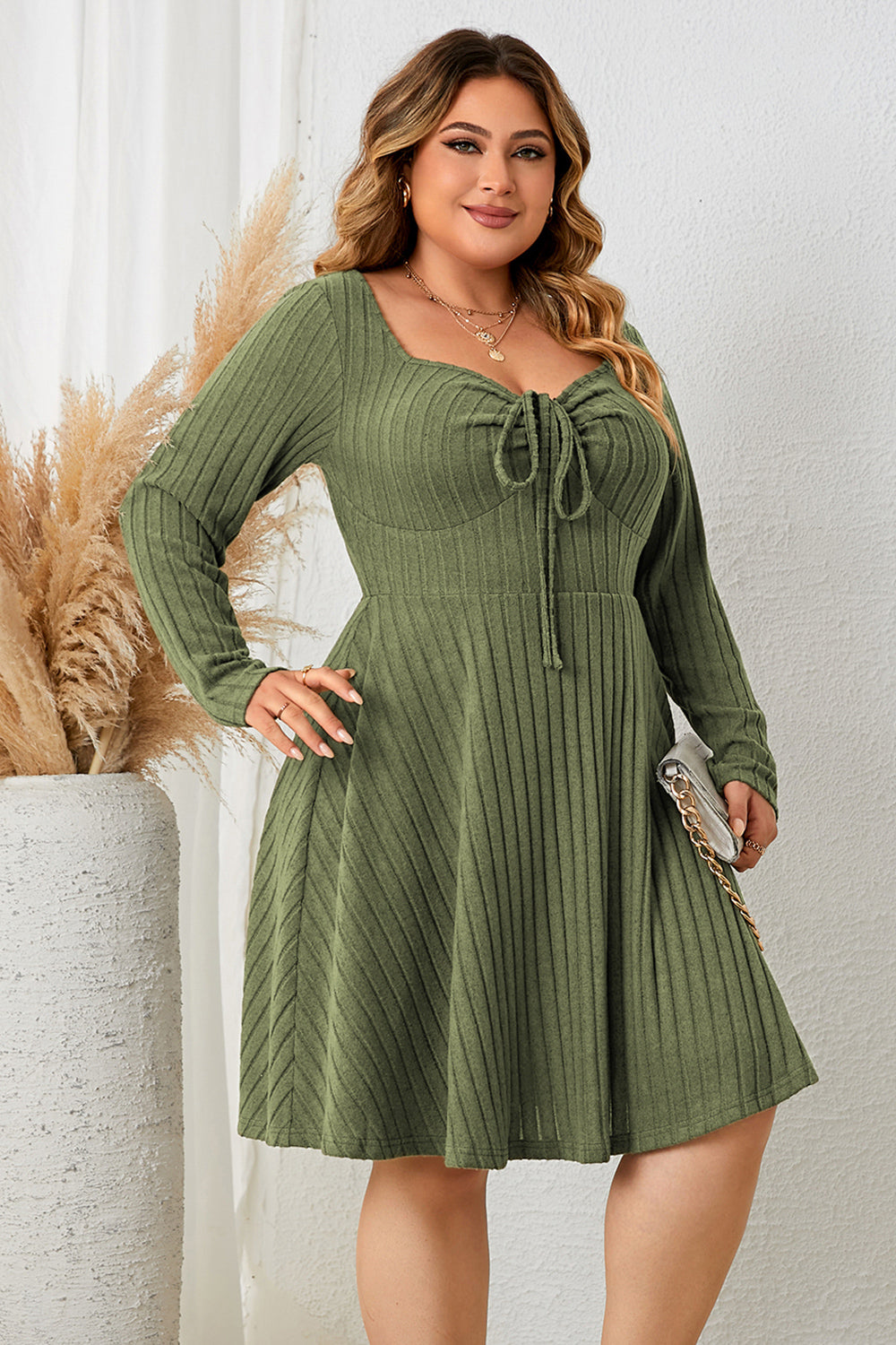 Honey Sweetheart Neck Long Sleeve Ribbed Dress