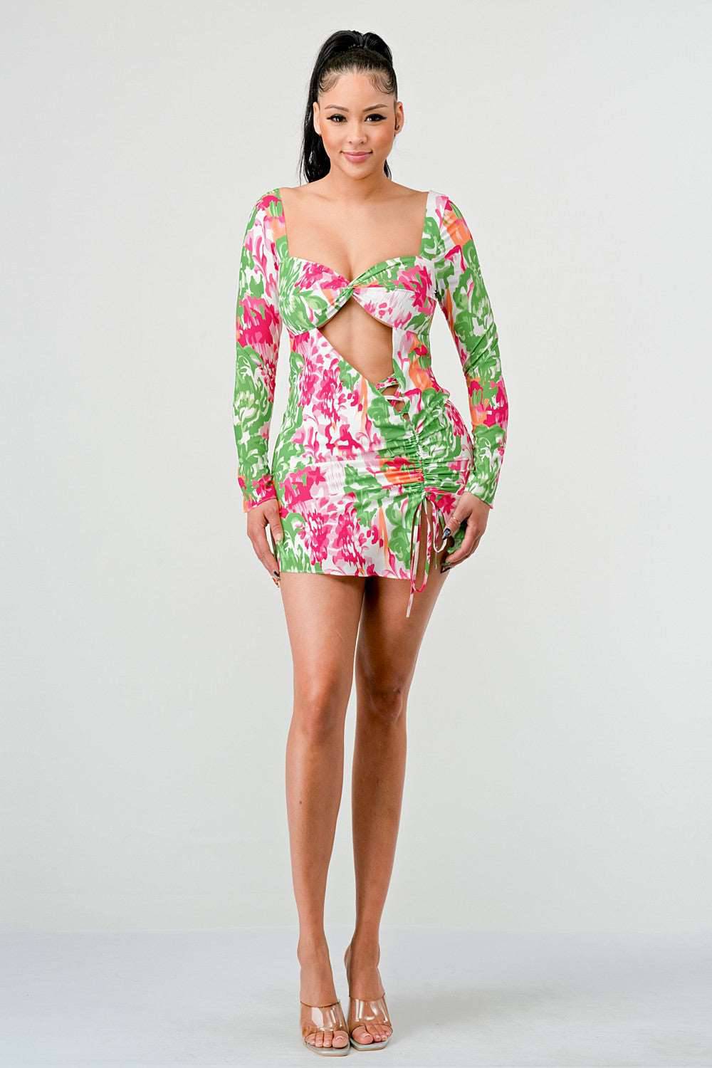 spring floral print cut out mini dress
