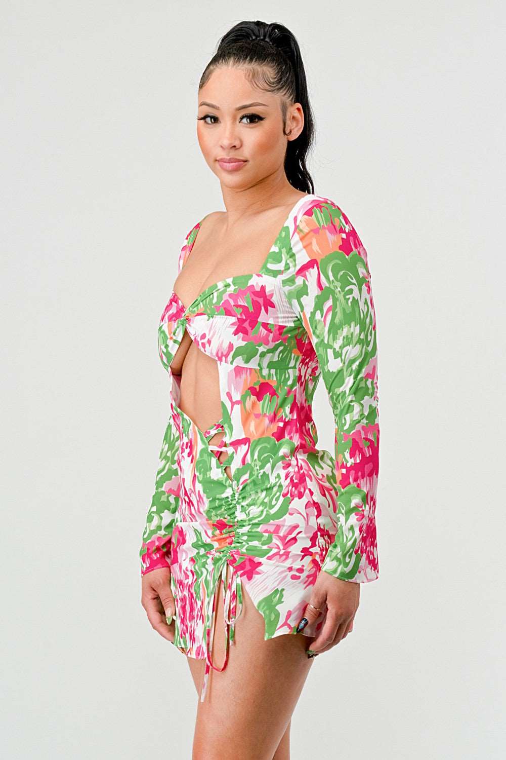 spring floral print cut out mini dress