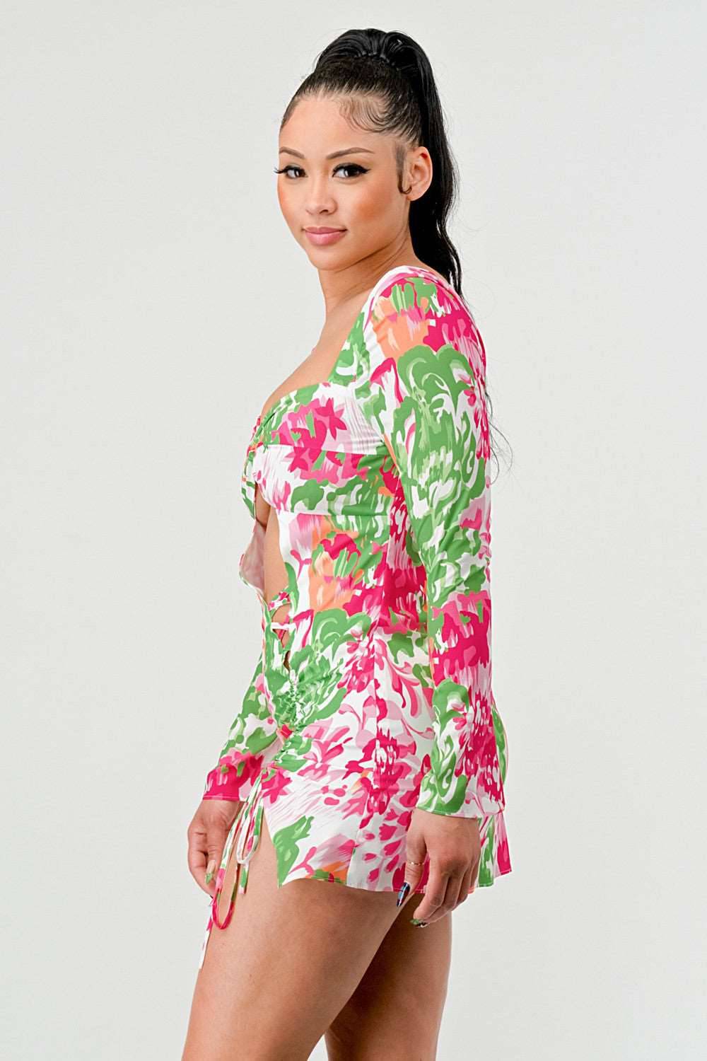spring floral print cut out mini dress