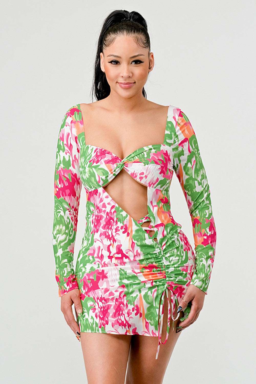 spring floral print cut out mini dress