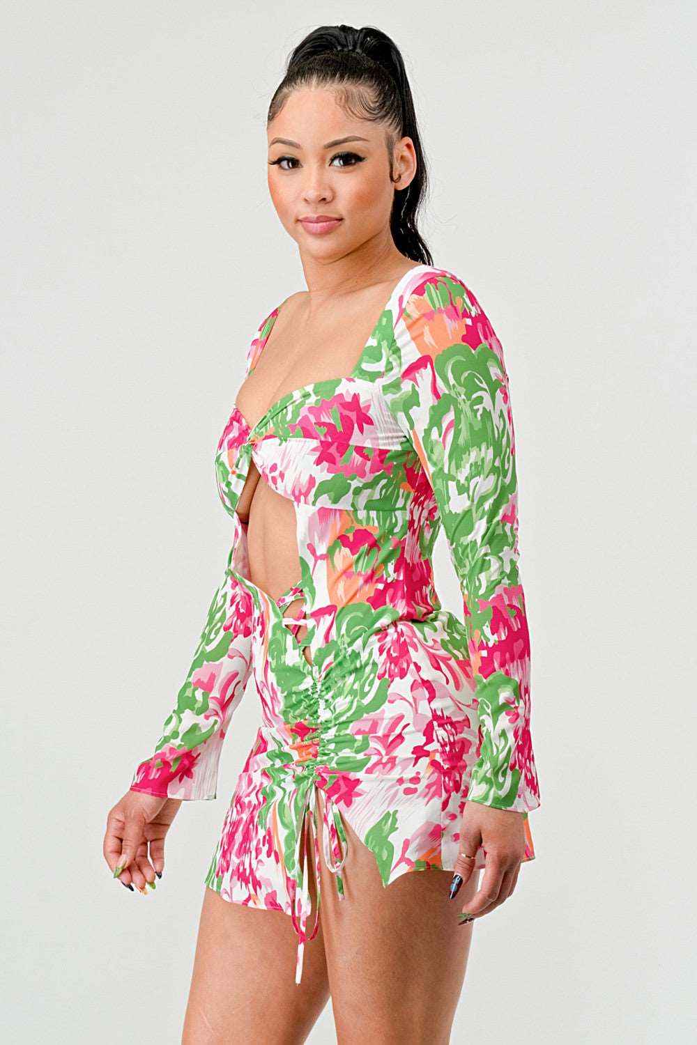 spring floral print cut out mini dress