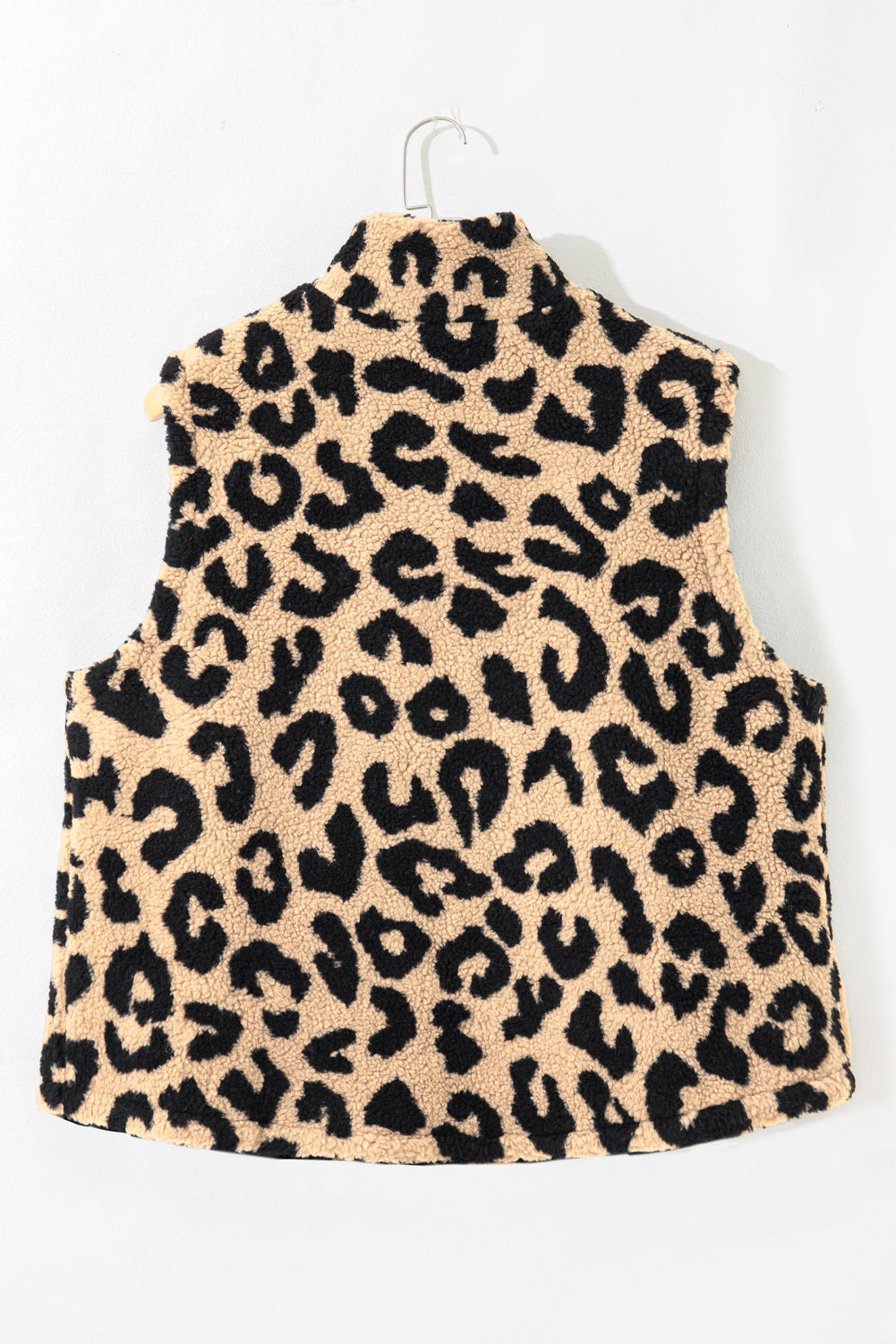 Khaki Leopard Sherpa Button Front Collared Vest Jacket