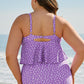 Purple Polka Dot Print Ruffled Knotted V Neck Tankini Set