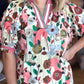 Pink V Neck Short Puff Sleeve Floral Blouse