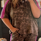 Brown Retro Leopard Print Contrast Varsity Stripe Trim 2pcs Short Set