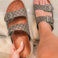 Coffee Geometric Print Cut Out Buckle PU Leather Flat Slippers