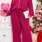 Rose Red Ribbed Long Sleeve Shirt and Pants Pajama Set