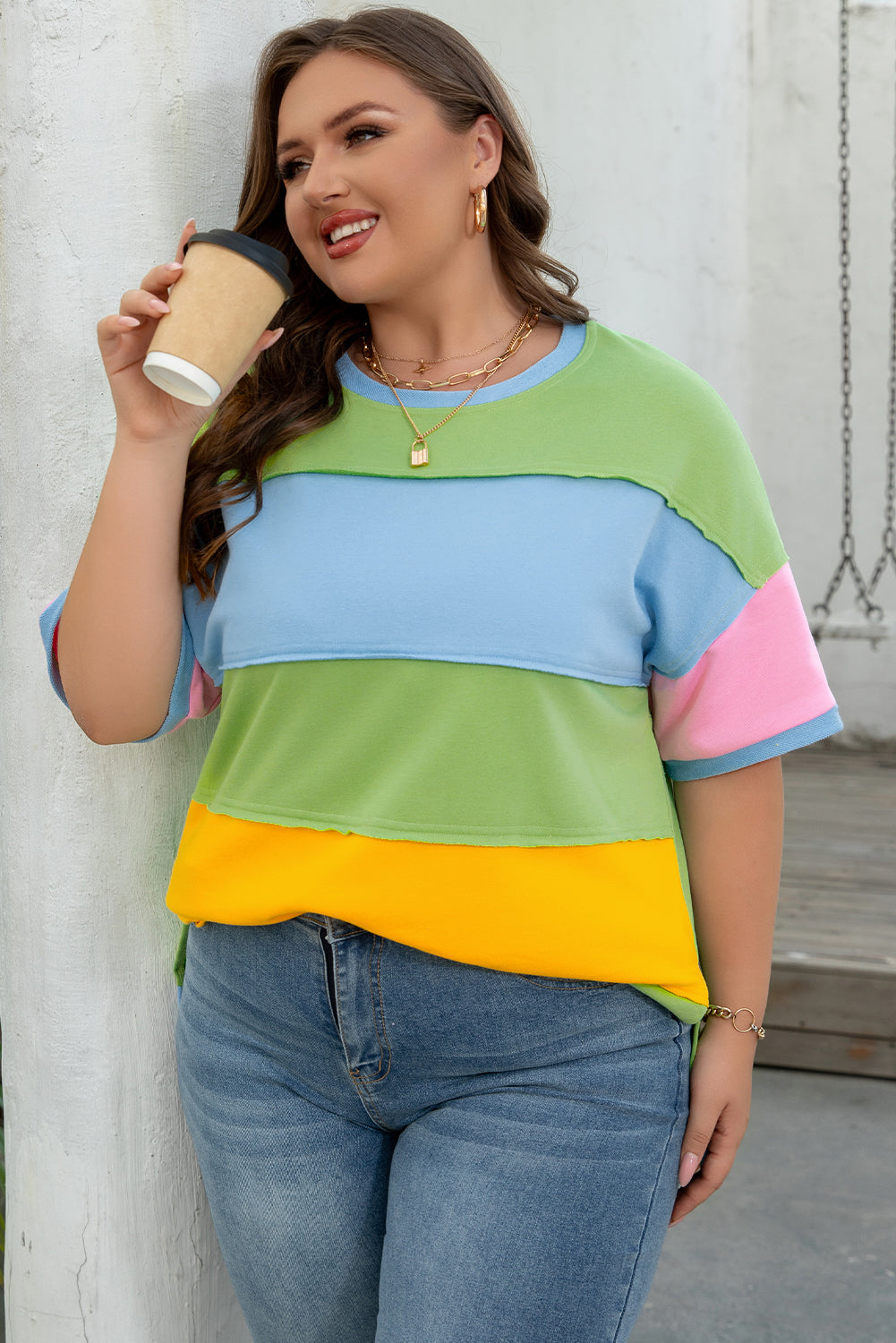 Light Blue Color Block Exposed Seam Patchwork T Shirt