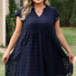 Navy Blue Dotty Textured Notched Neck Ruffled Dress