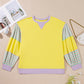 Yellow Striped Color Block Patchwork Crewneck Pullover Sweatshirt