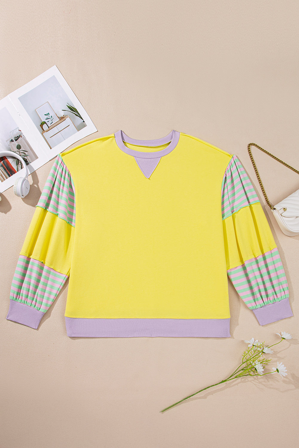 Yellow Striped Color Block Patchwork Crewneck Pullover Sweatshirt