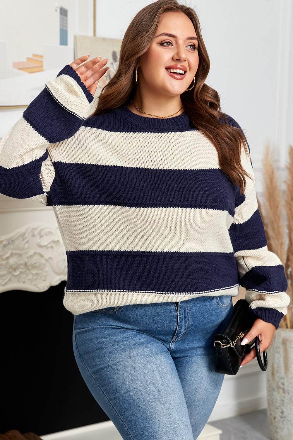 Blue Stripe Color Block Drop Shoulder Sweater