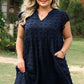 Navy Blue Dotty Textured Notched Neck Ruffled Dress
