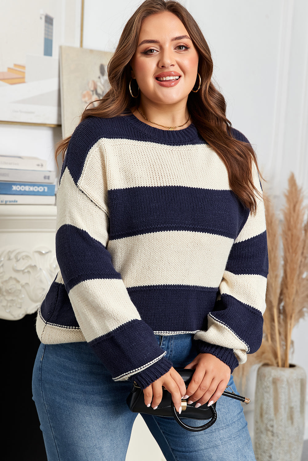 Blue Stripe Color Block Drop Shoulder Sweater
