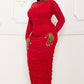 Rhinestone Mesh Pleated Maxi Dress - Red