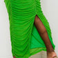 Rhinestone Mesh Pleated Maxi Dress - Green