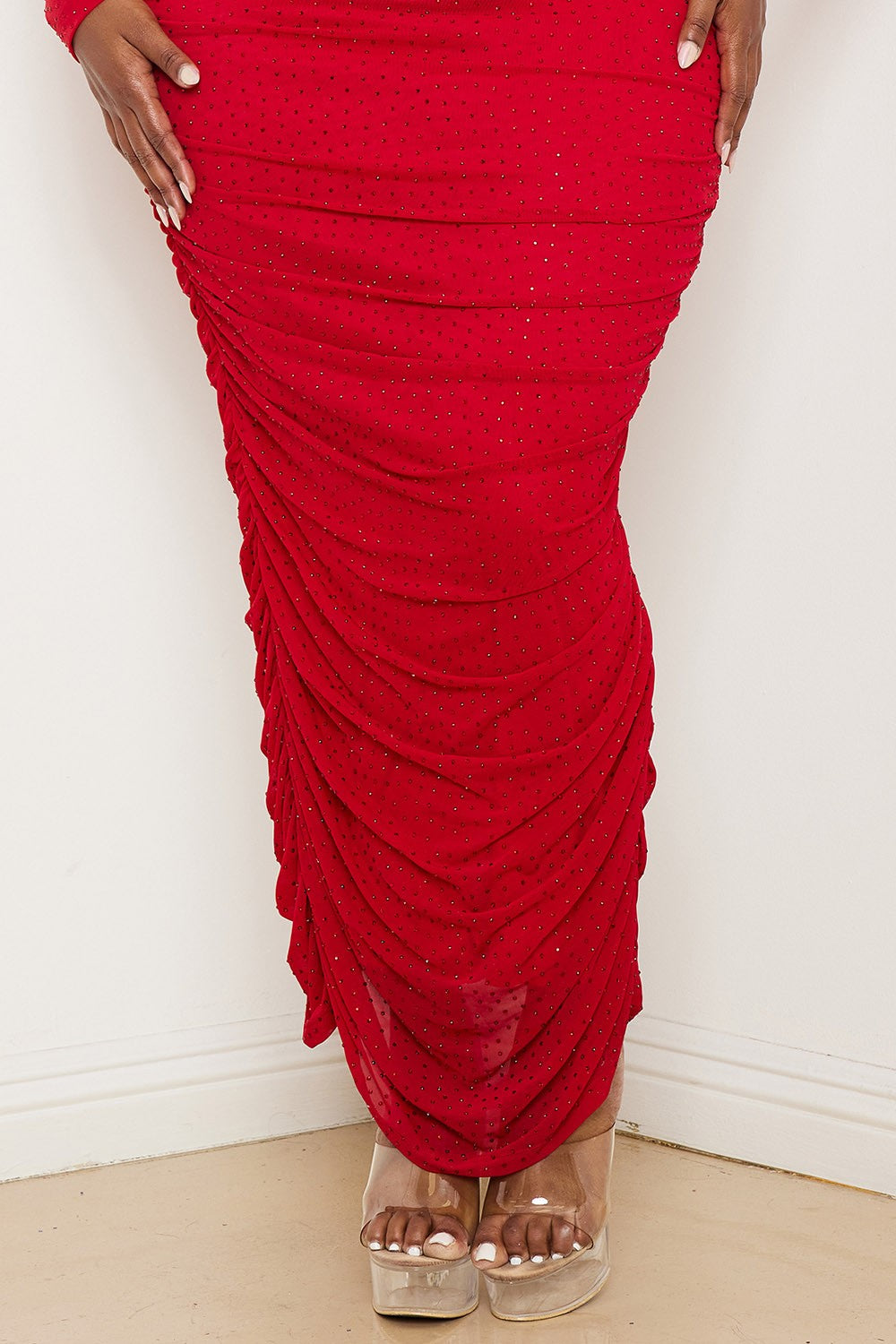 Rhinestone Mesh Pleated Maxi Dress - Red