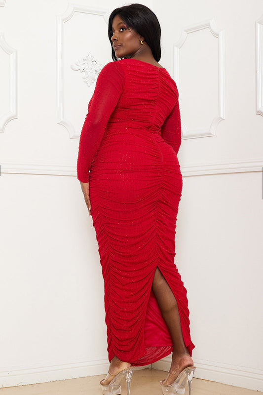 Rhinestone Mesh Pleated Maxi Dress - Red