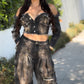 Distressed Denim Crop Top and Cargo Pants set