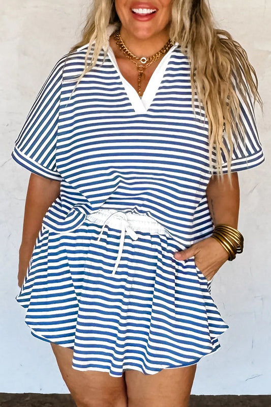 Blue Stripe Short Sleeve Collared V Neck Top Short Set