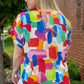 Colorful Brush Stroke Printed Button Split Neck Blouse