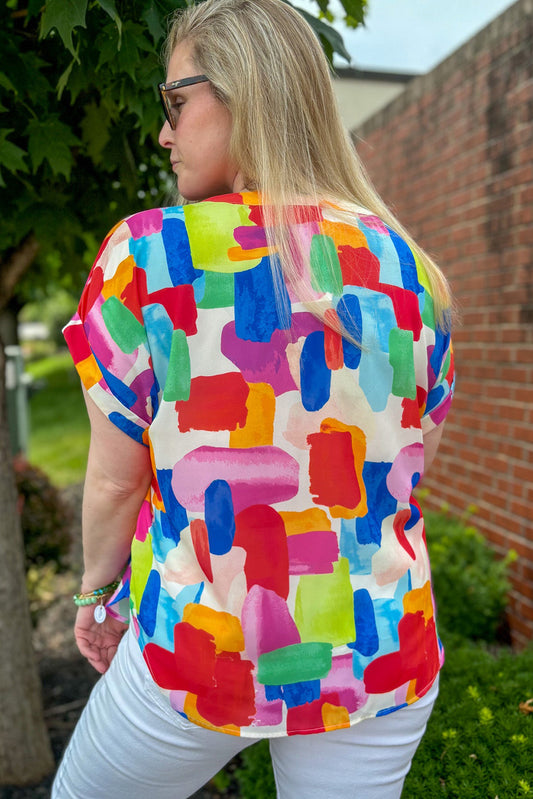 Colorful Brush Stroke Printed Button Split Neck Blouse