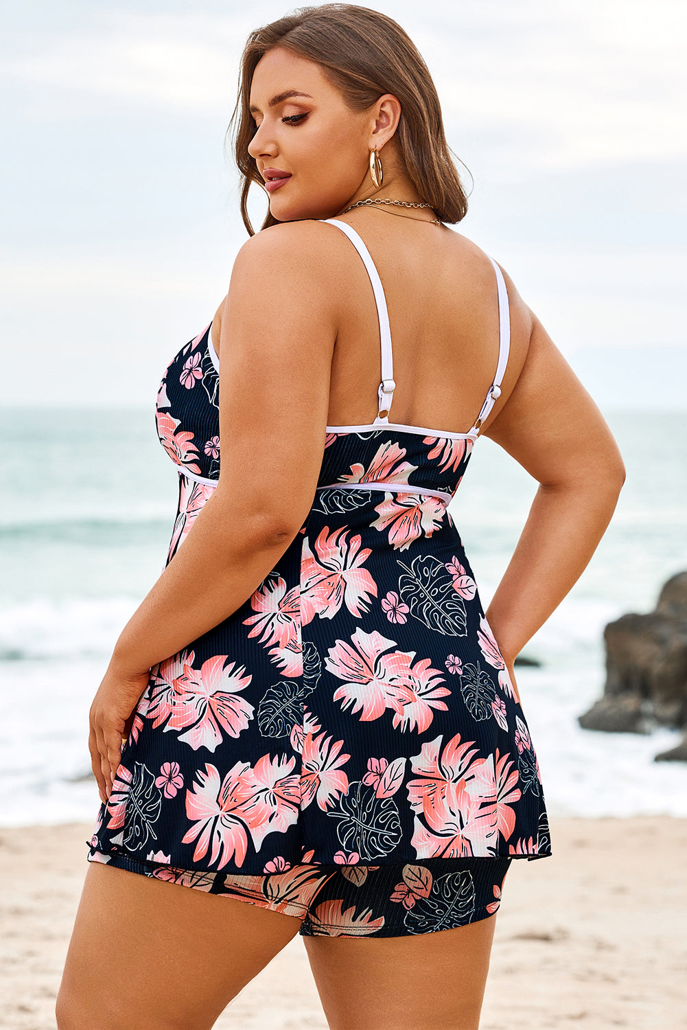 Black Ribbed Contrast Trim Adjustable Straps 2pcs Swimsuit