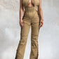 Crisscross Halter Lace-Up Denim Jumpsuit – Camel