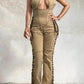Crisscross Halter Lace-Up Denim Jumpsuit – Camel