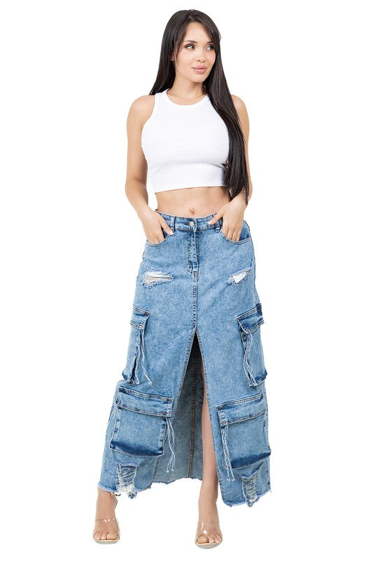 “Split Decisions” Long Maxi Denim Skirt