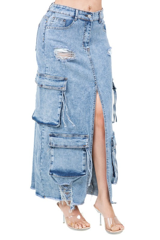 “Split Decisions” Long Maxi Denim Skirt