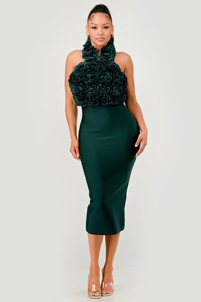 Rose Applique Halter Midi Dress