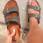 Coffee Geometric Print Cut Out Buckle PU Leather Flat Slippers