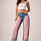 Low Rise Cuffed Jeans with Pink Vinyl Croc Panels
