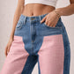 Low Rise Cuffed Jeans with Pink Vinyl Croc Panels