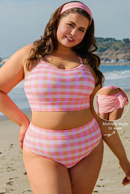 Pink Plaid Print High Waist Bikini Set