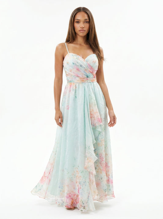 Ethereal Watercolor Floral Sweetheart Chiffon Gown