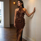 3D Rosette Cut-Out Halter Maxi Dress