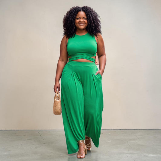 WRAP TIE CROP TOP & WIDE LEG PANTS SET