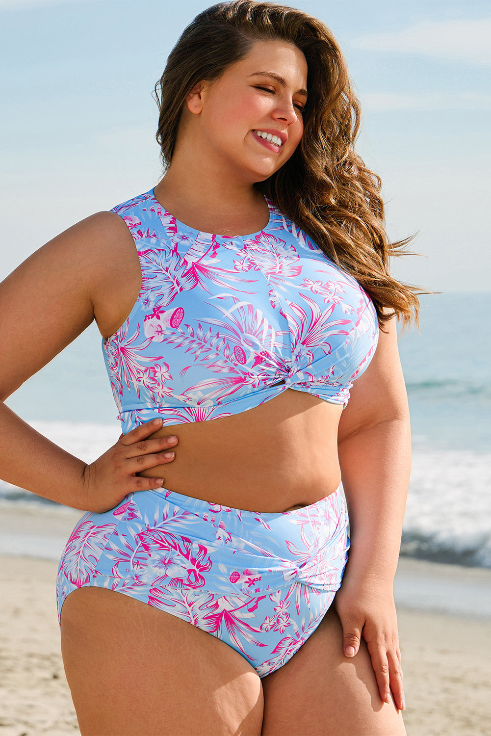 Sky Blue Floral Print Twisted High Waist Bikini Set