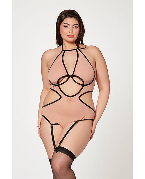 “Not Innocent” Mesh Cut Out Halter Teddy Nude/Black QN